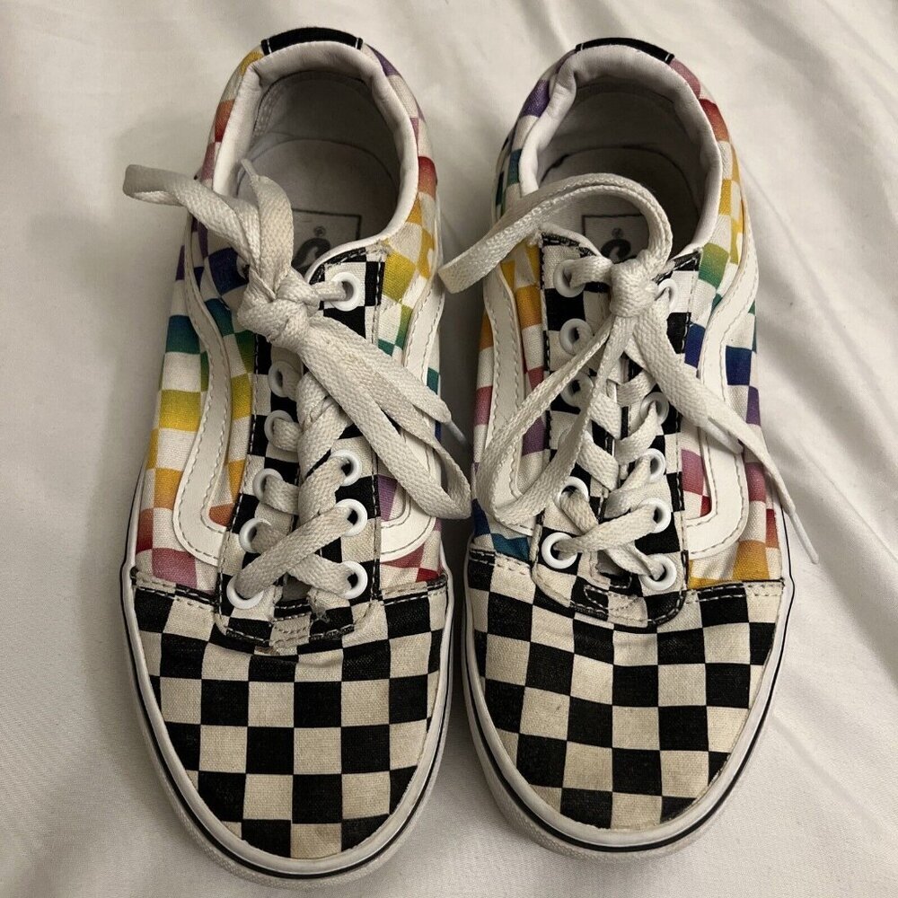 Vans Sneakers Off The Wall Womens Size 6 Black Rainbow Checkered Lace-Up Shoes